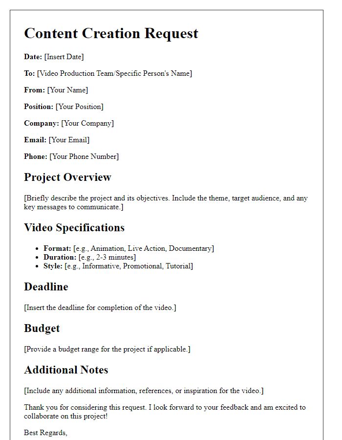 Letter template of Content Creation Request for Video Production