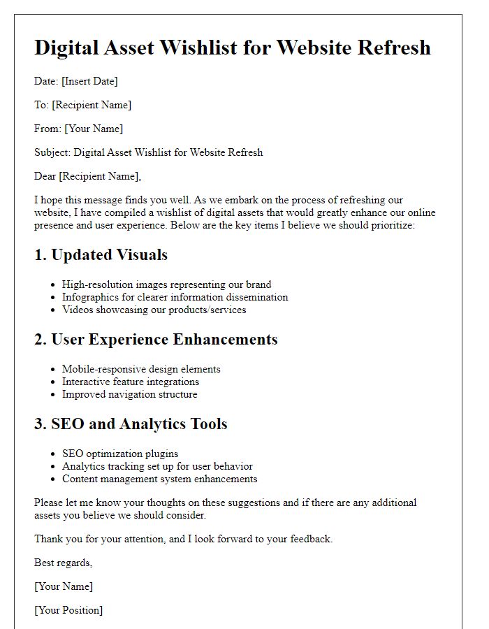 Letter template of Digital Asset Wishlist for Website Refresh