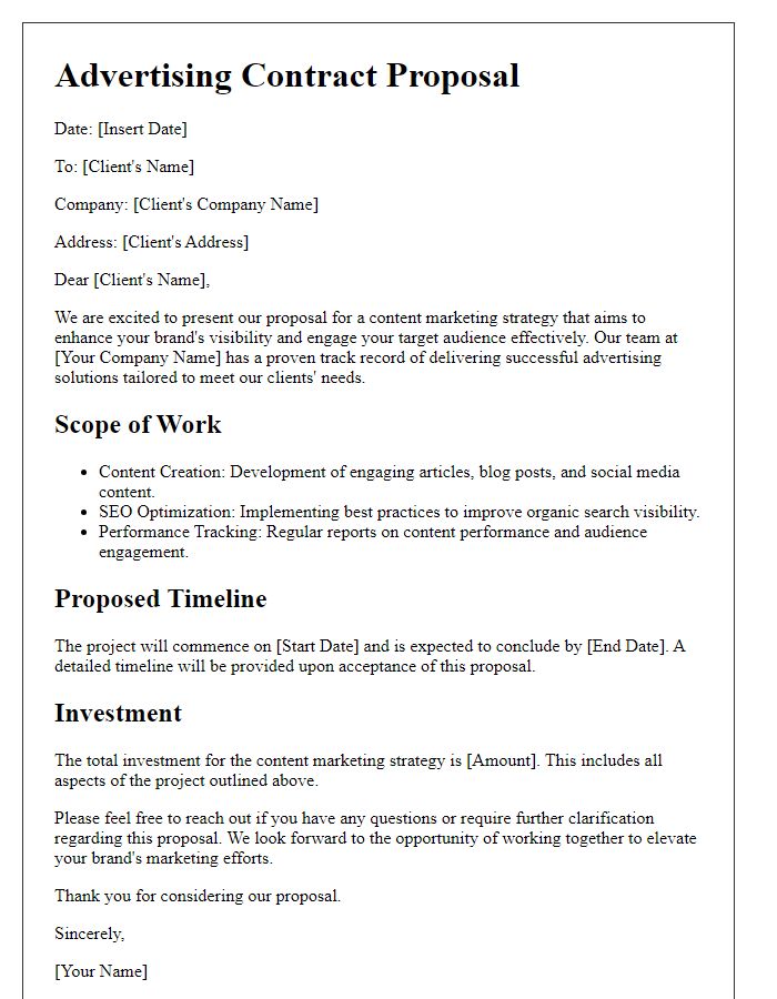 Letter template of advertising contract proposal for content marketing strategies.