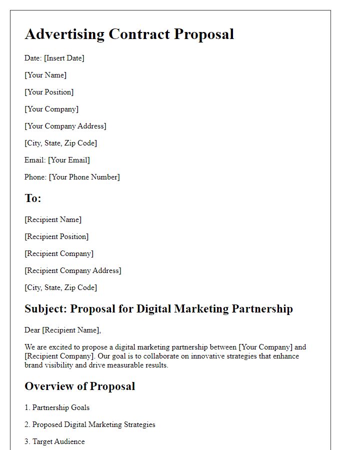 Letter template of advertising contract proposal for digital marketing partnerships.