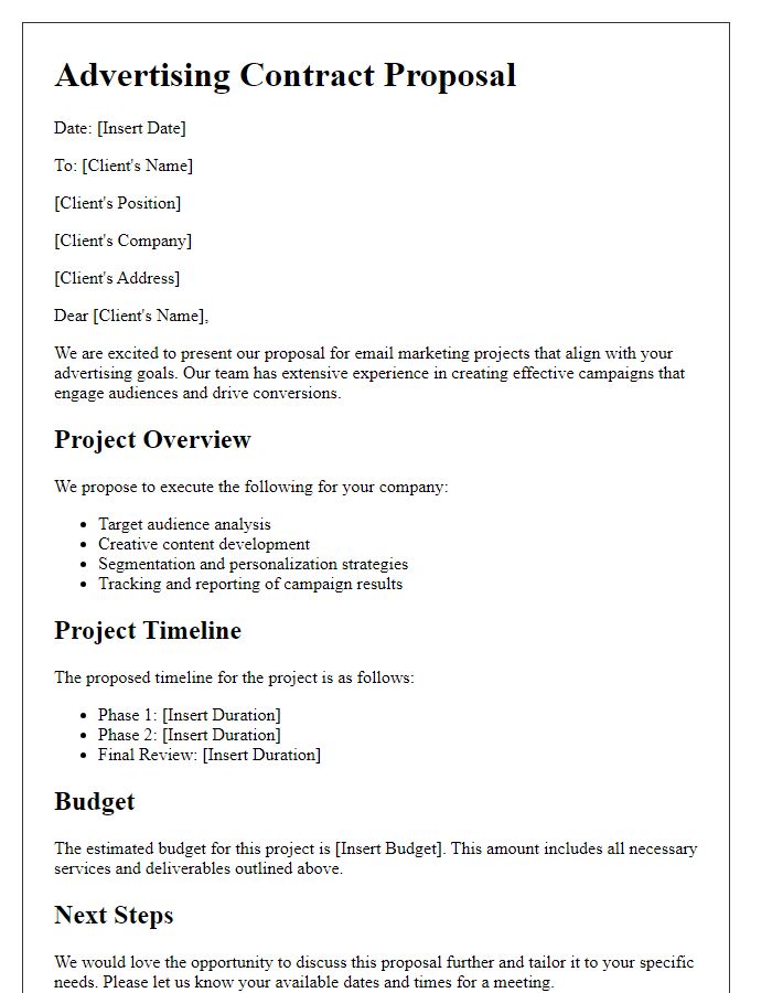 Letter template of advertising contract proposal for email marketing projects.