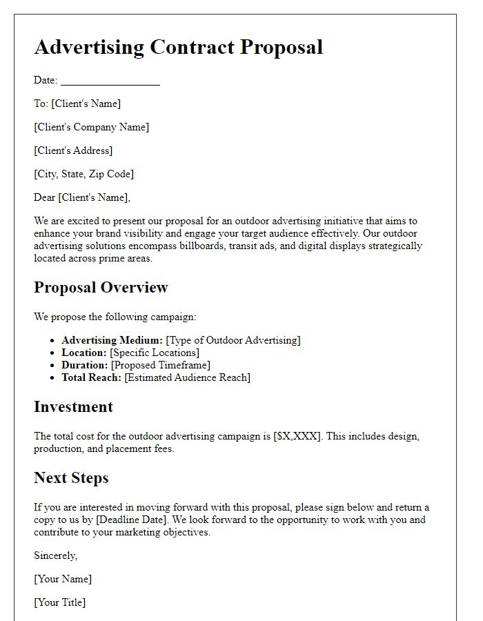 Letter template of advertising contract proposal for outdoor advertising initiatives.