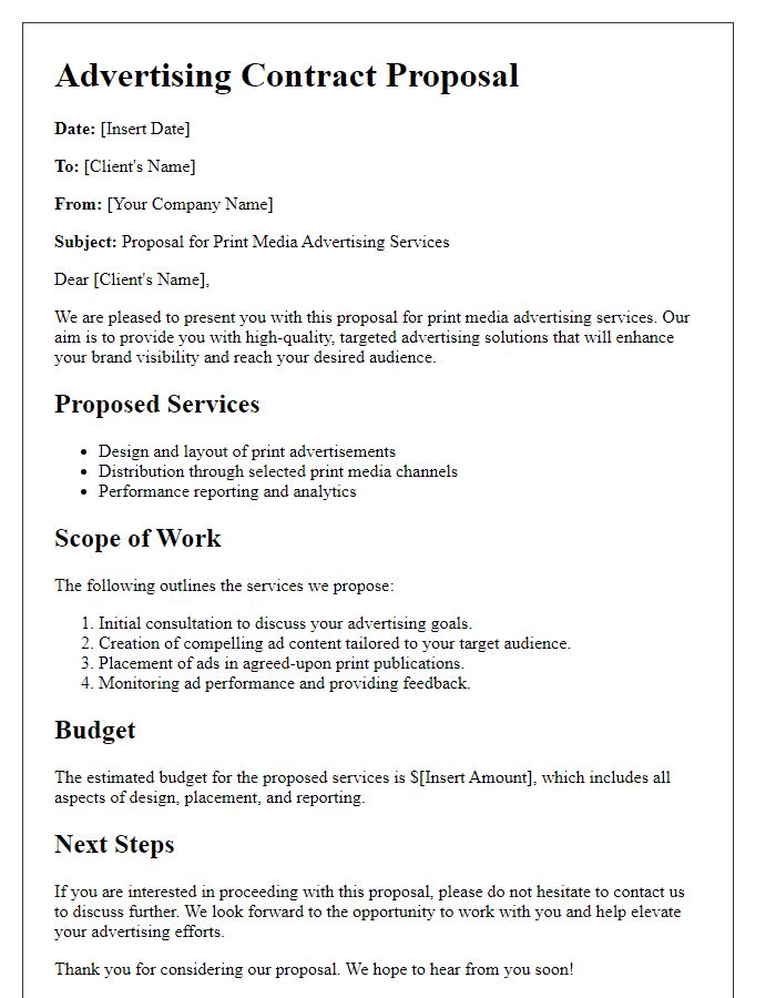 Letter template of advertising contract proposal for print media services.