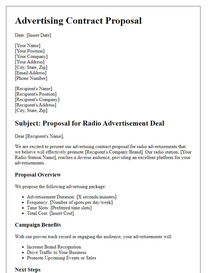 Letter template of advertising contract proposal for radio advertisement deals.