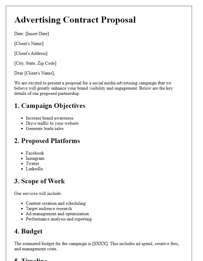 Letter template of advertising contract proposal for social media campaigns.