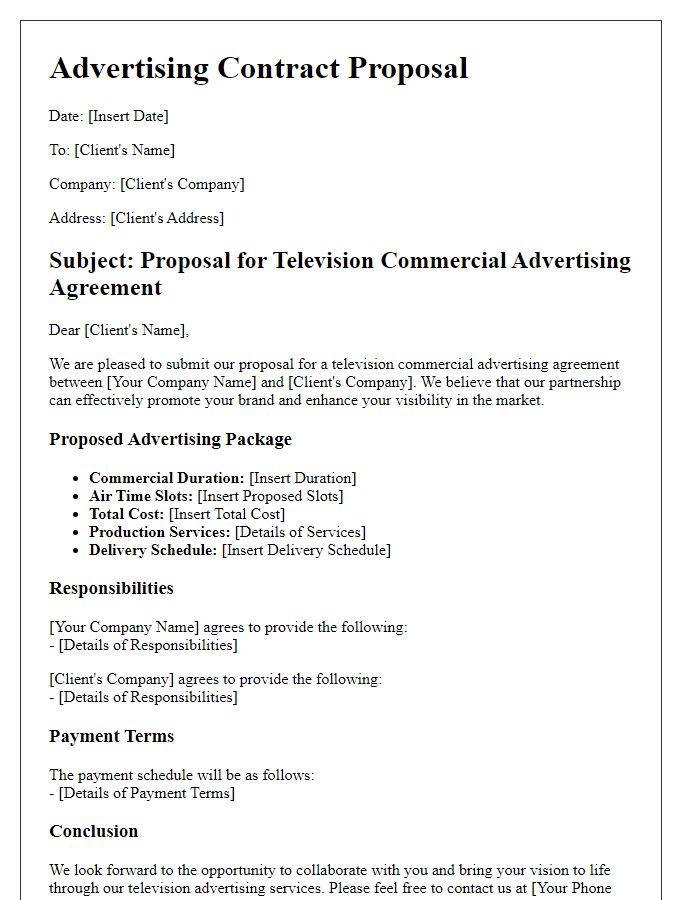 Letter template of advertising contract proposal for television commercial agreements.