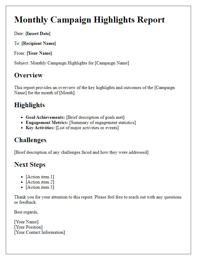 Letter template of Monthly Campaign Highlights Report