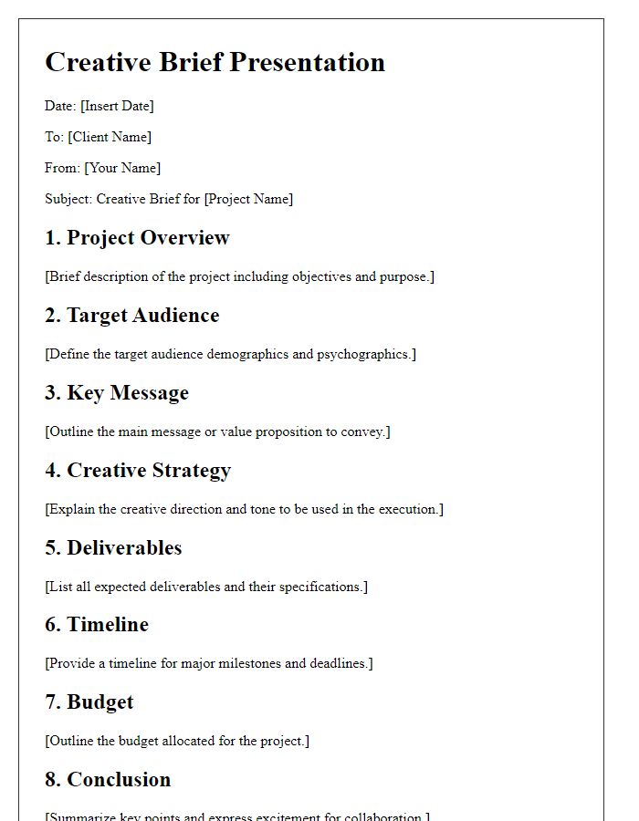 Letter template of comprehensive creative brief presentation