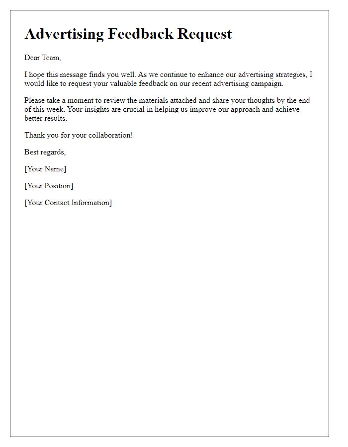 Letter template of Advertising Feedback Request for Colleagues