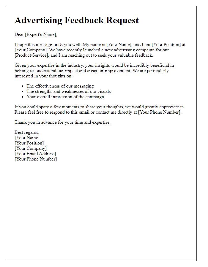 Letter template of Advertising Feedback Request for Industry Experts