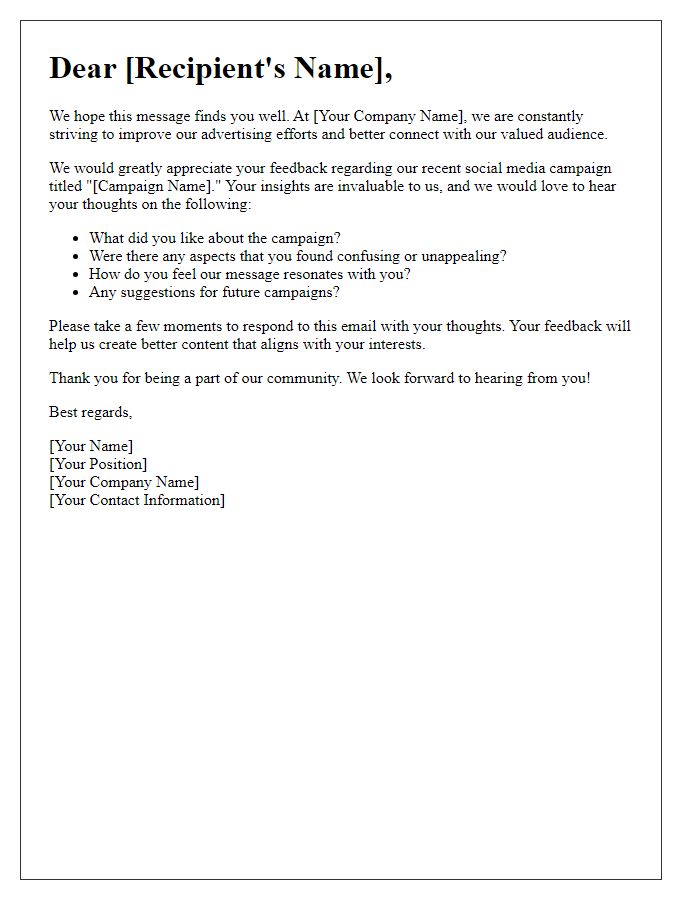 Letter template of Advertising Feedback Request for Social Media Audience