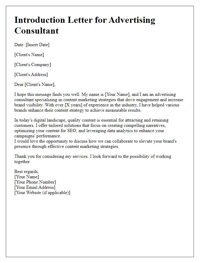 Letter template of introduction for an advertising consultant with a focus on content marketing.