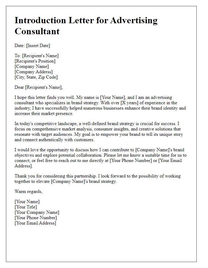 Letter template of introduction for an advertising consultant offering brand strategy.