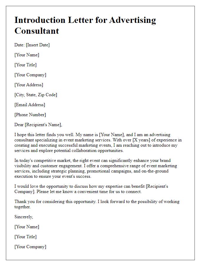 Letter template of introduction for an advertising consultant promoting event marketing services.