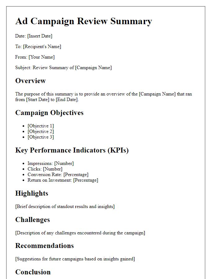 Letter template of ad campaign review summary