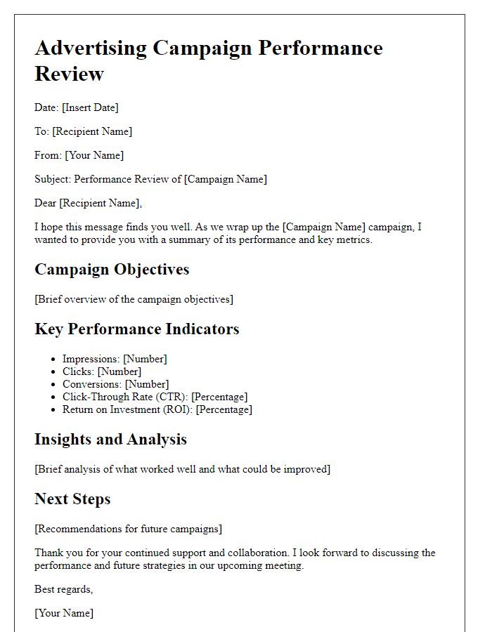 Letter template of advertising campaign performance review