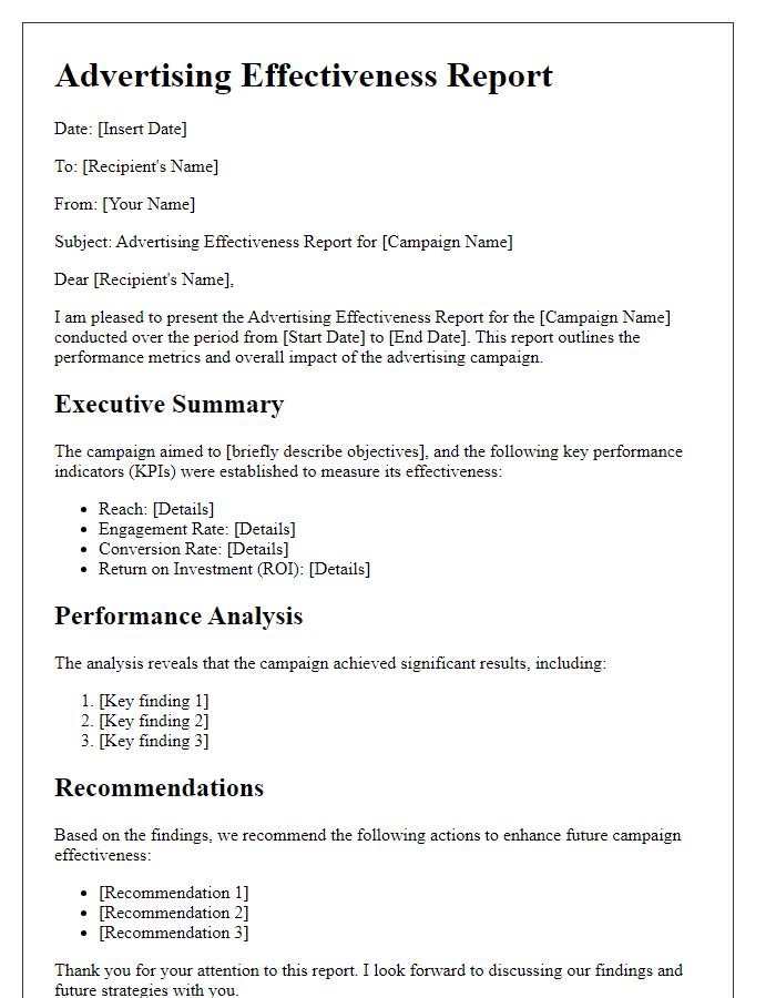 Letter template of advertising effectiveness report