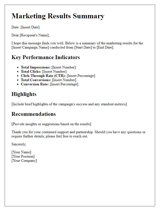 Letter template of marketing results summary