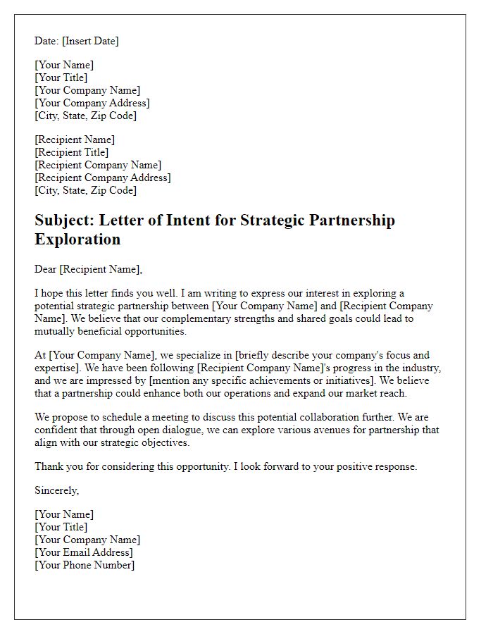 Letter template of intent for strategic partnership exploration