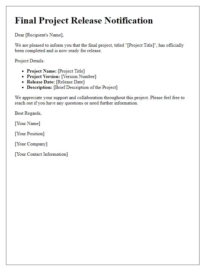 Letter template of final project release notification.