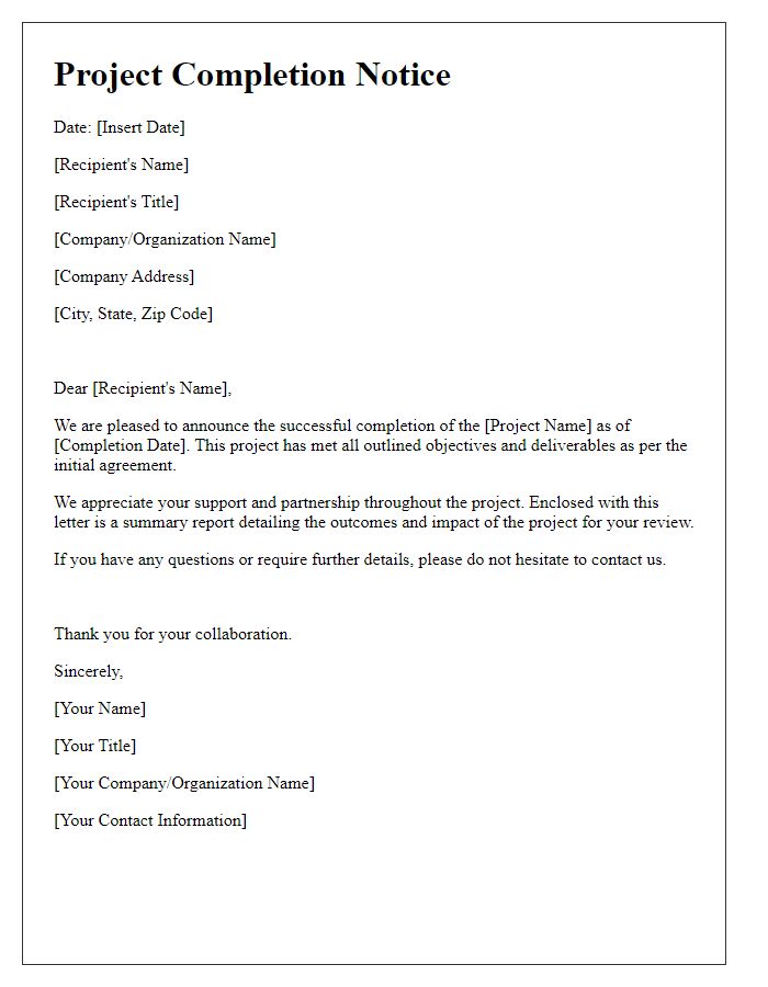 Letter template of last project completion notice.