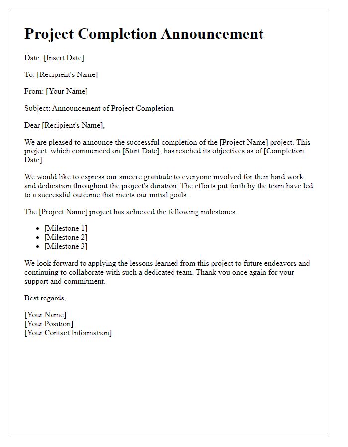 Letter template of project completion announcement.