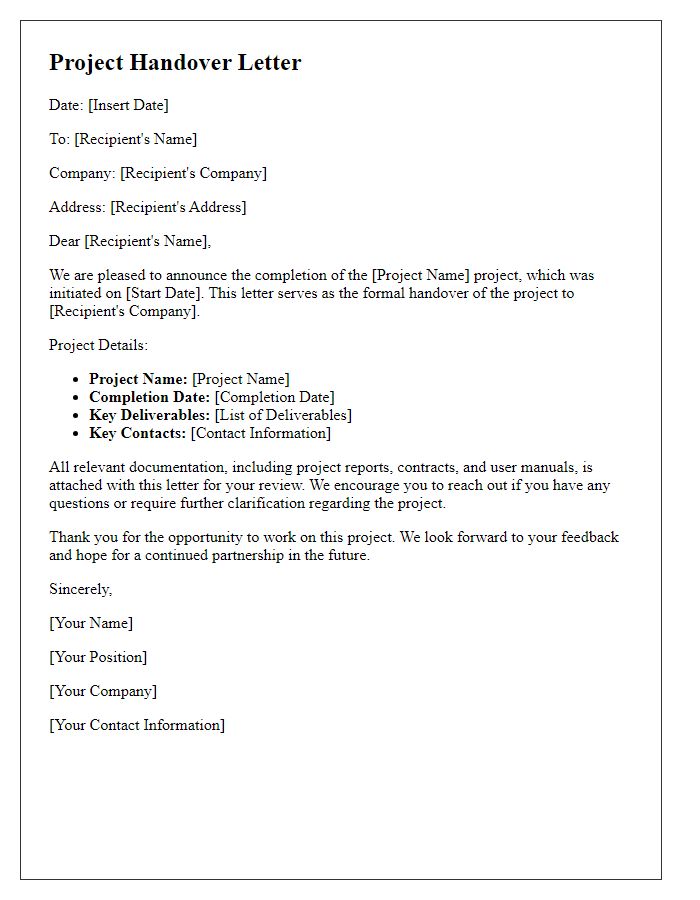 Letter template of ultimate project handover.