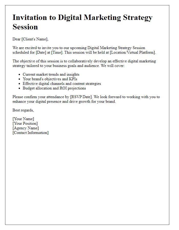 Letter template of digital marketing strategy session for advertising agency