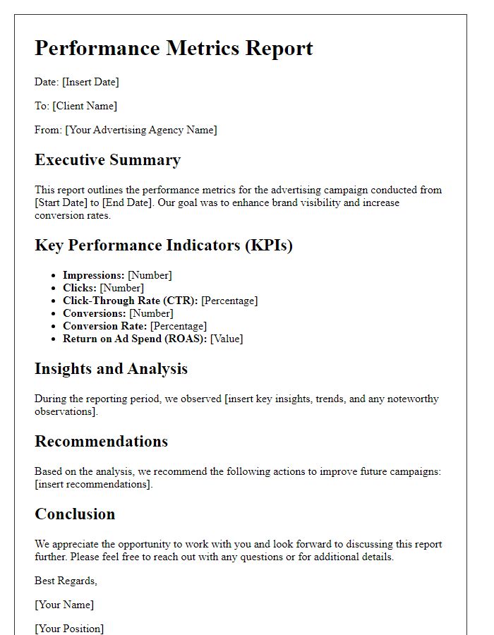 Letter template of performance metrics report for advertising agency