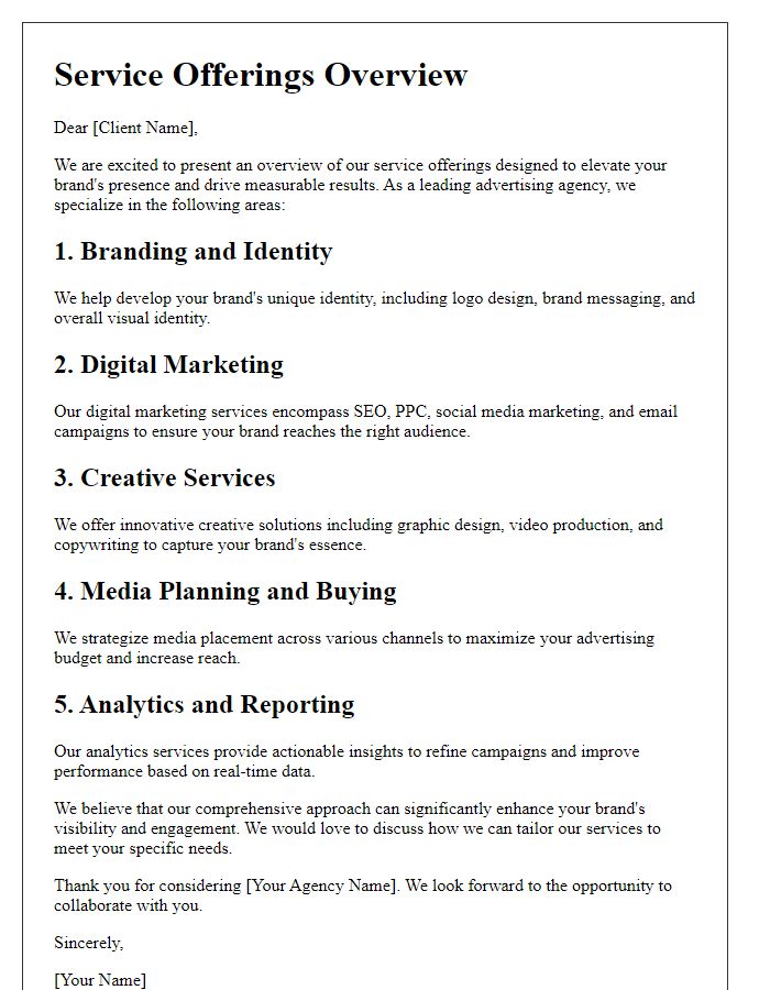 Letter template of service offerings overview for advertising agency