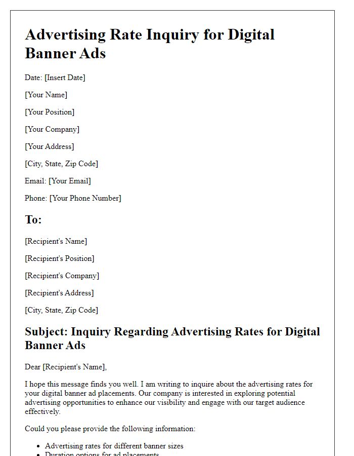 Letter template of advertising rate inquiry for digital banner ads.