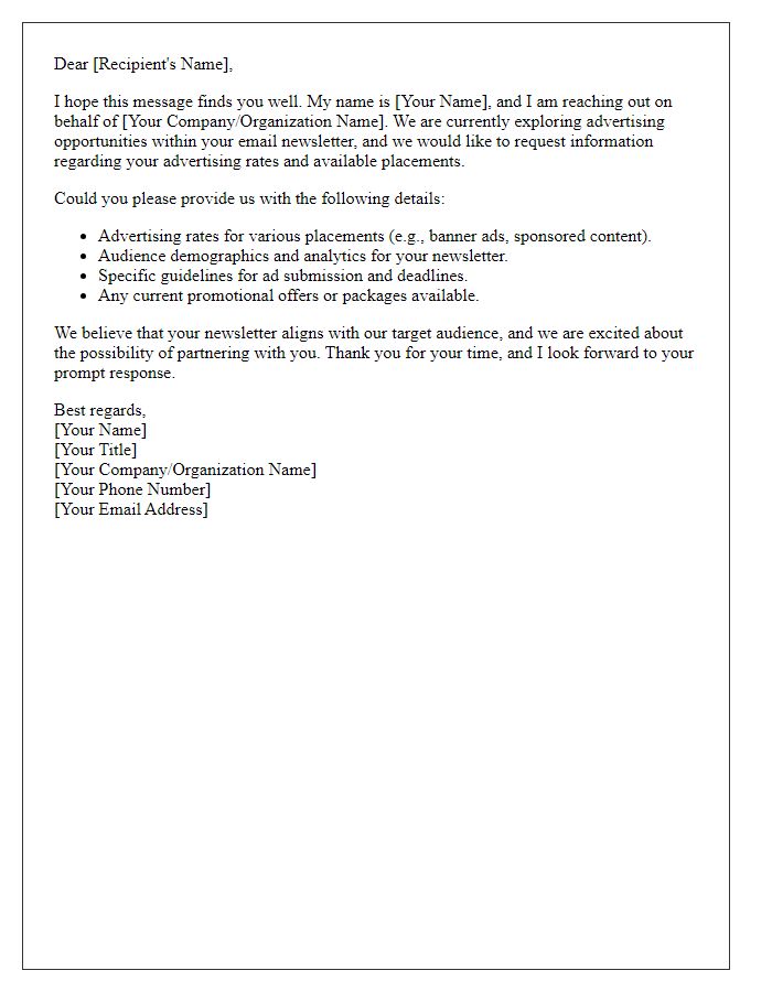 Letter template of advertising rate request for email newsletter placements.