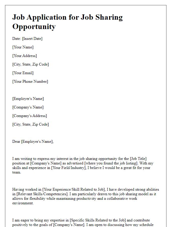 Letter template of job application for job sharing opportunity.