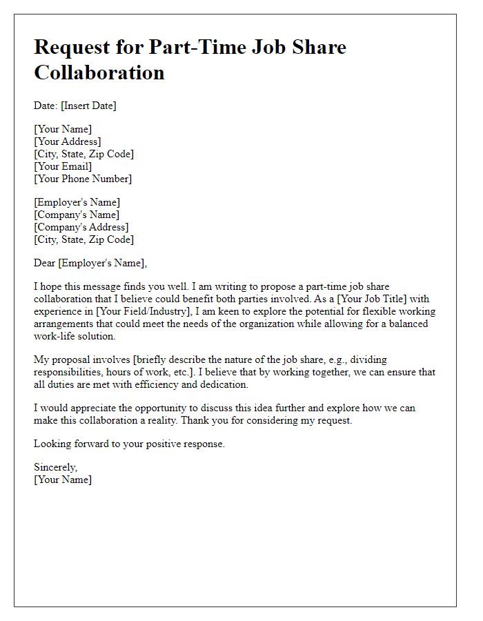 Letter template of request for part-time job share collaboration.