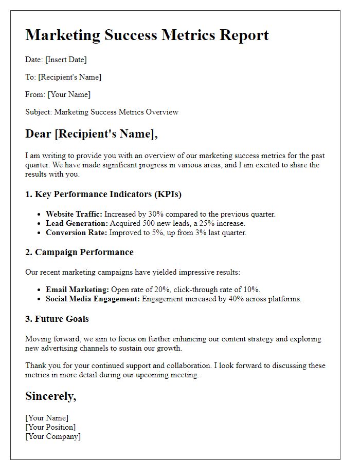 Letter template of marketing success metrics