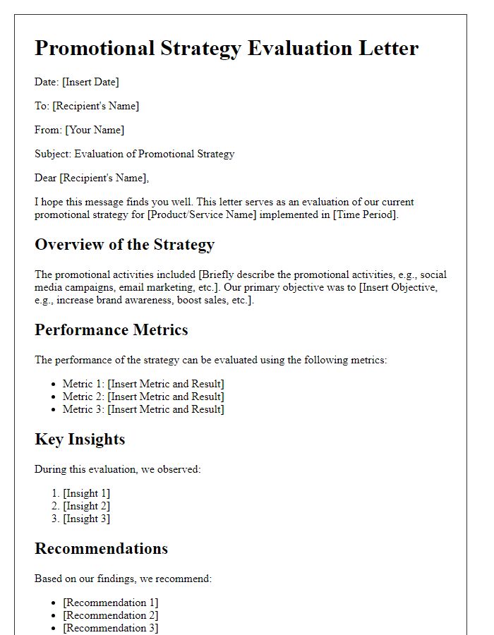 Letter template of promotional strategy evaluation