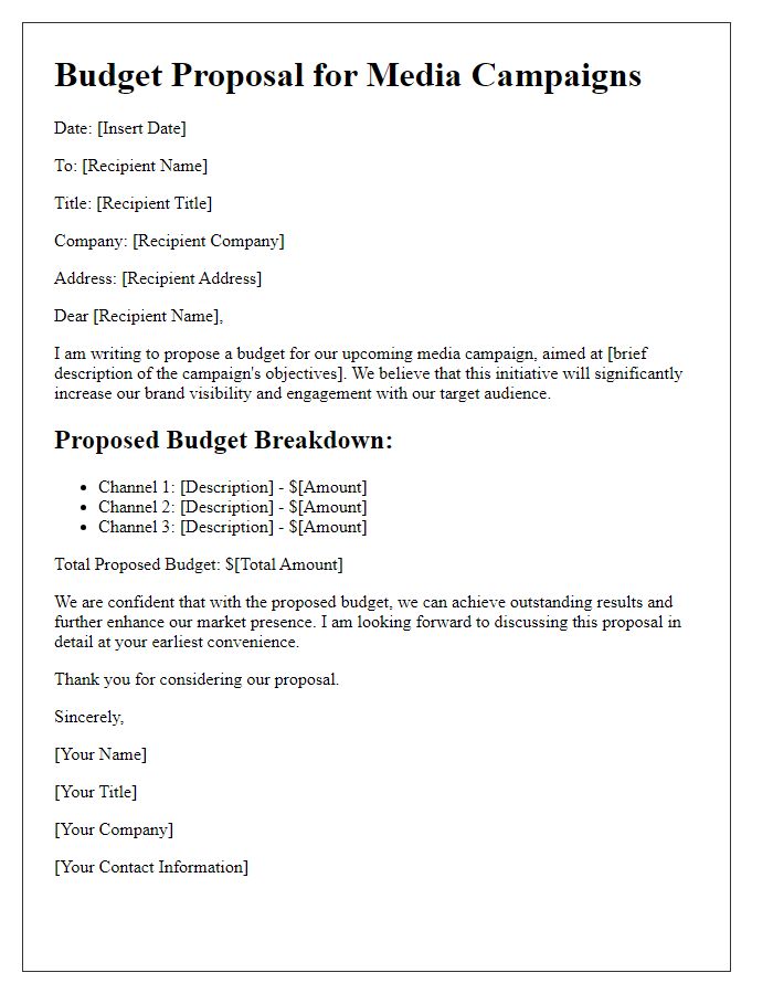 Letter template of budget proposal for media campaigns