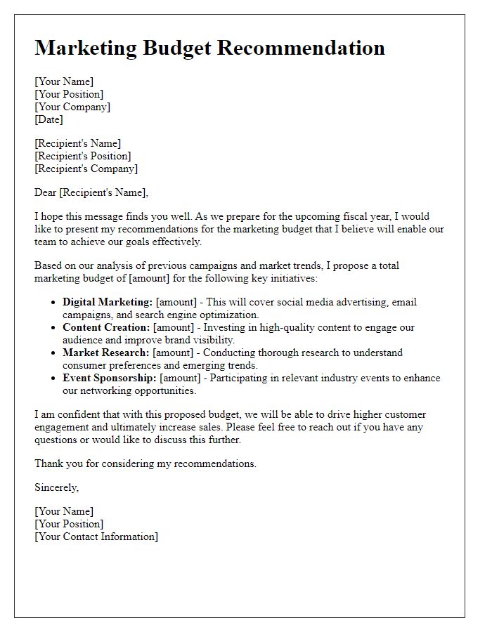 Letter template of marketing budget recommendation