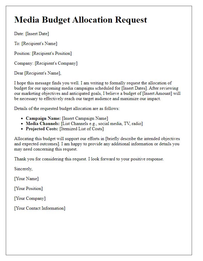 Letter template of media budget allocation request