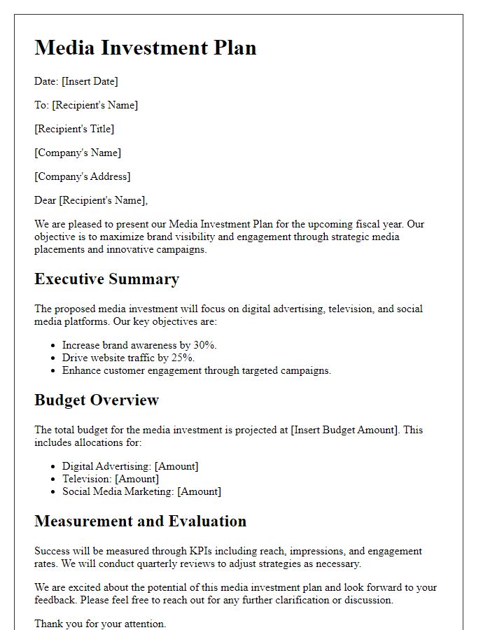 Letter template of media investment plan