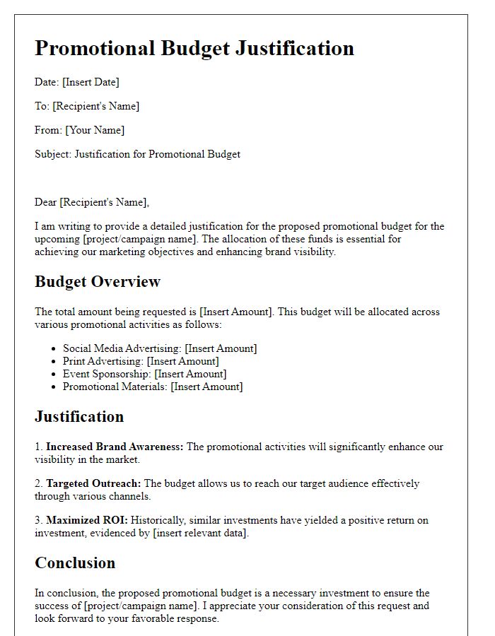 Letter template of promotional budget justification