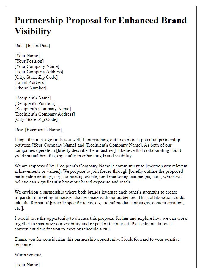 Letter template of partnership proposal for enhanced brand visibility