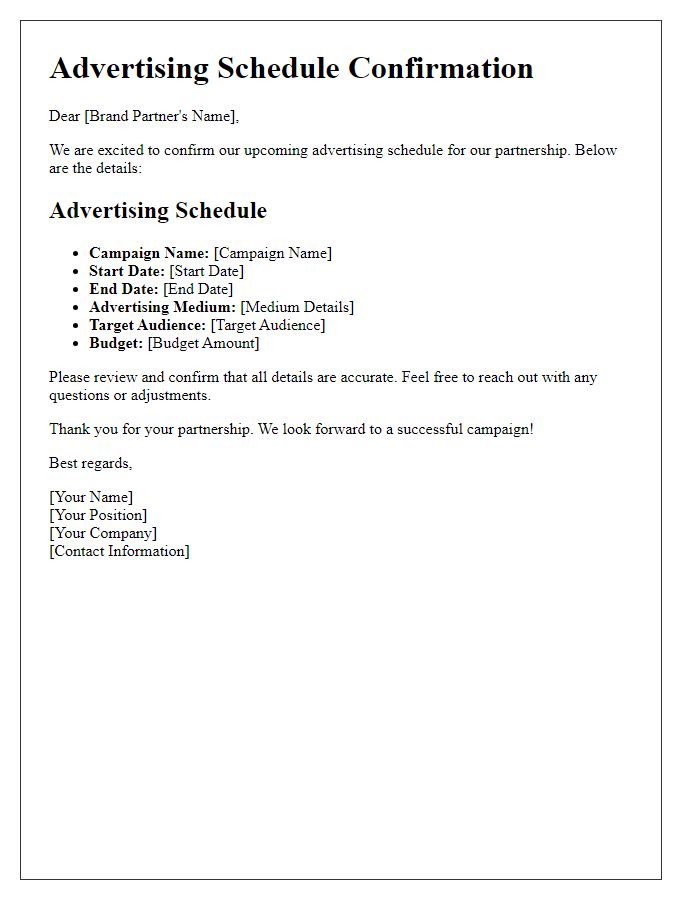 Letter template of Advertising Schedule Confirmation for Brand Partnership