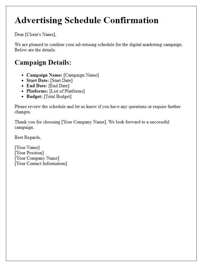 Letter template of Advertising Schedule Confirmation for Digital Marketing