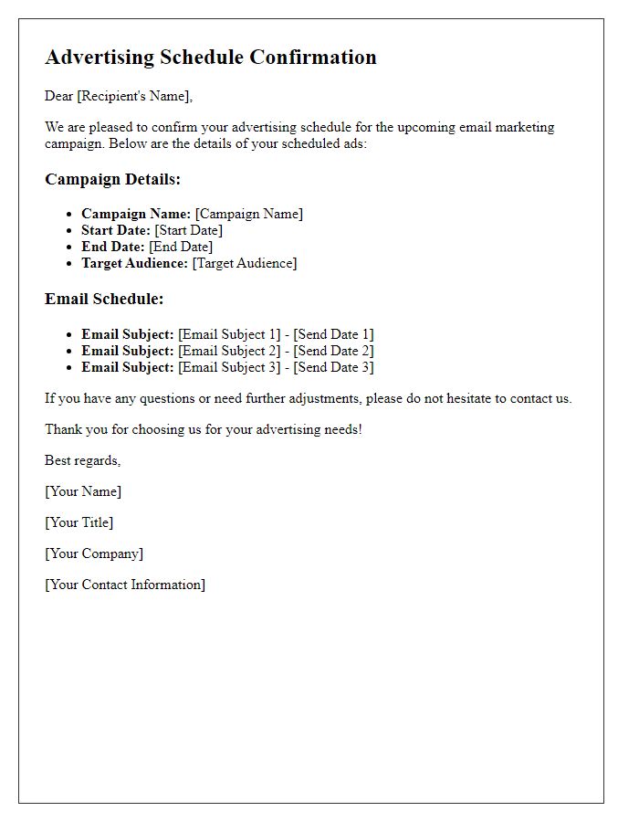 Letter template of Advertising Schedule Confirmation for Email Marketing Campaign