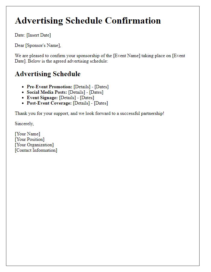 Letter template of Advertising Schedule Confirmation for Event Sponsorship