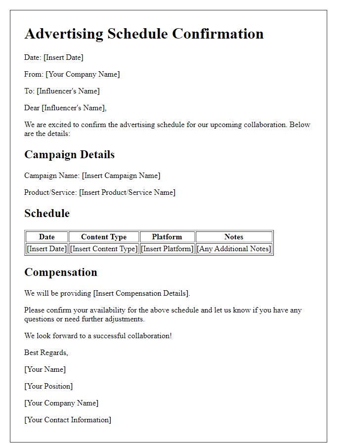 Letter template of Advertising Schedule Confirmation for Influencer Collaborations