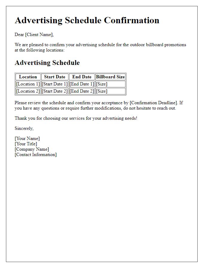 Letter template of Advertising Schedule Confirmation for Outdoor Billboard Promotions