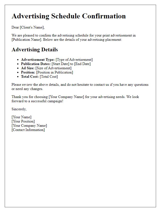 Letter template of Advertising Schedule Confirmation for Print Advertising