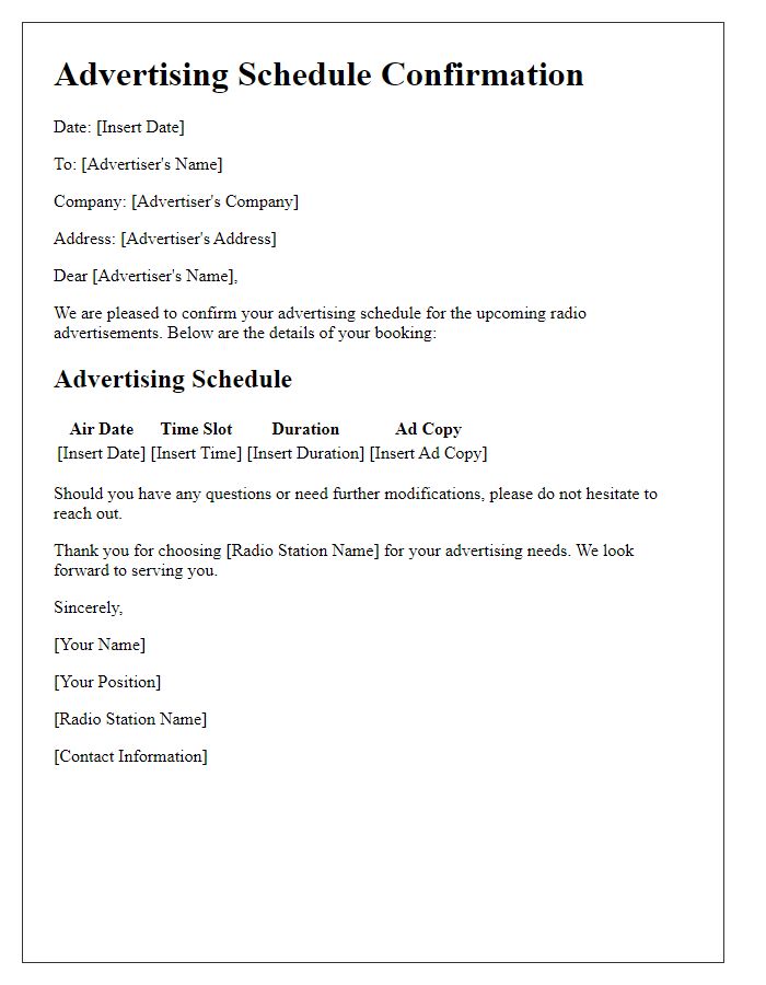 Letter template of Advertising Schedule Confirmation for Radio Advertisement